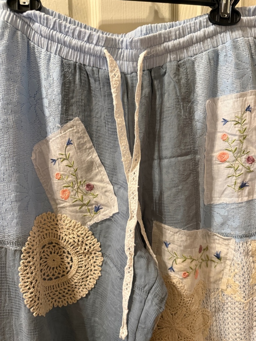 Bohemian Patchwork Wide-Leg Pants in Light Blue - Picture 3 of 15